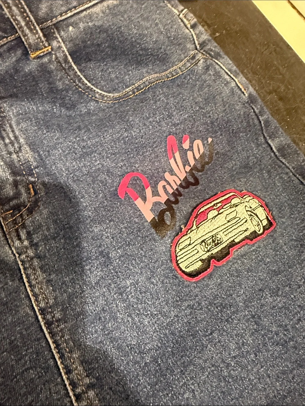 Barbie Blue Denim Mini Skirt with Pink Graphic Patches